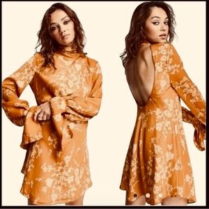 Fabutiq Yellow Oriental Backless Satin Mini Dress W/Long Sleeves